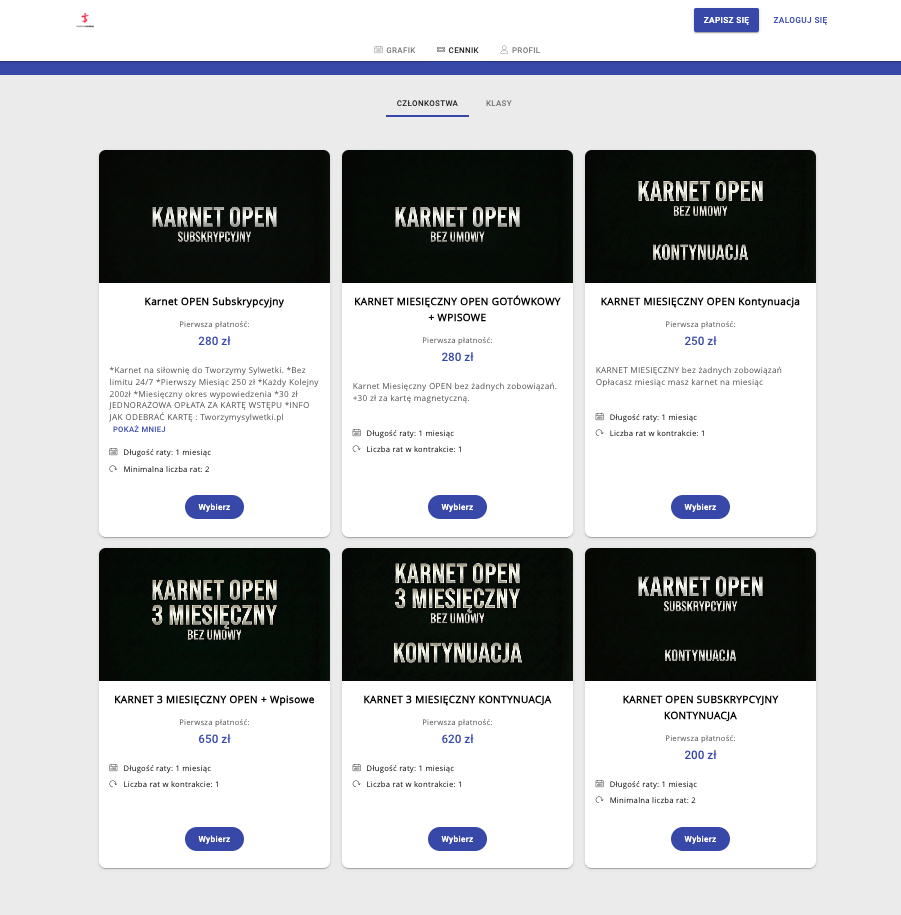 Wybór pakietu w aplikacji