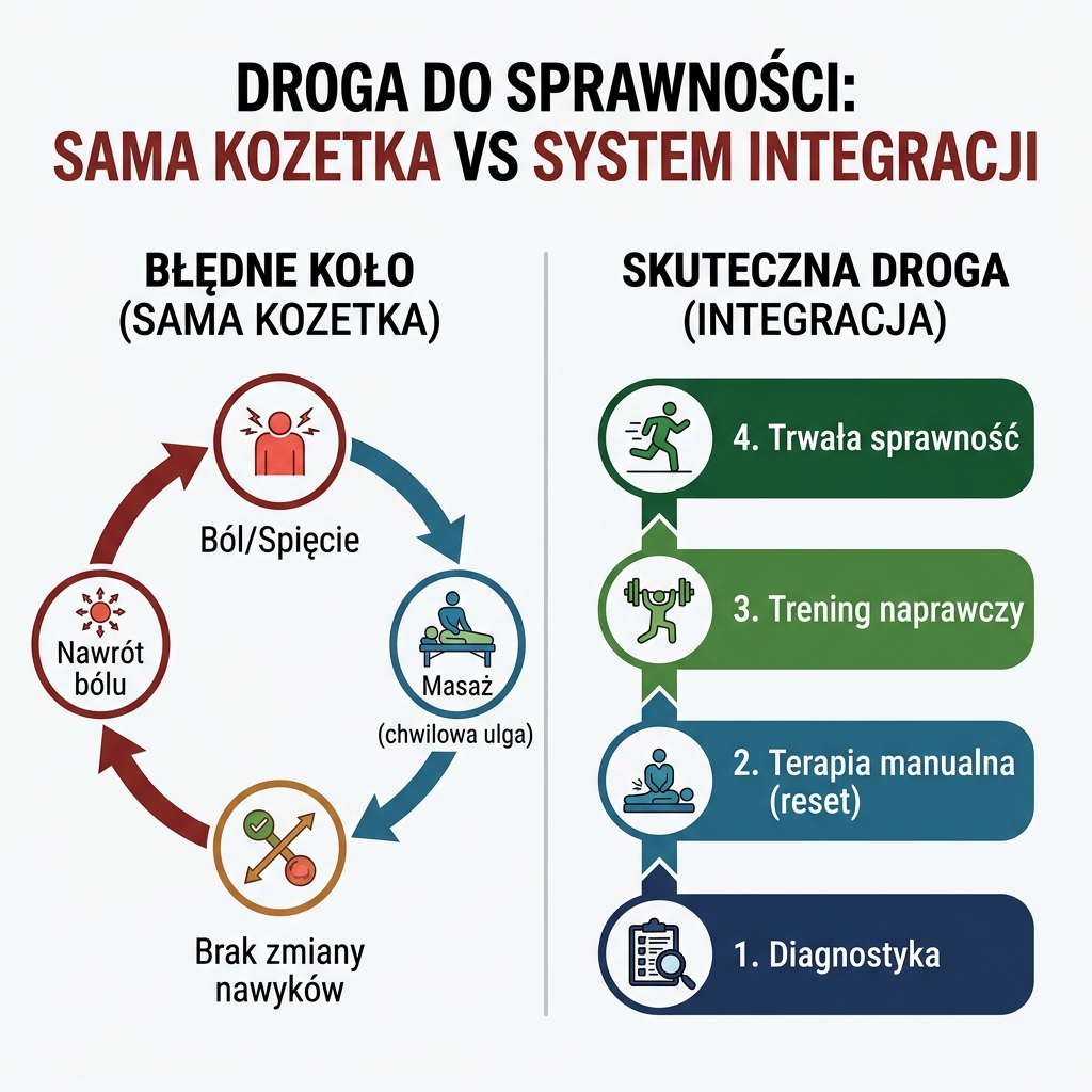 Infografika: Błędne koło masażu vs zintegrowana droga do sprawności
