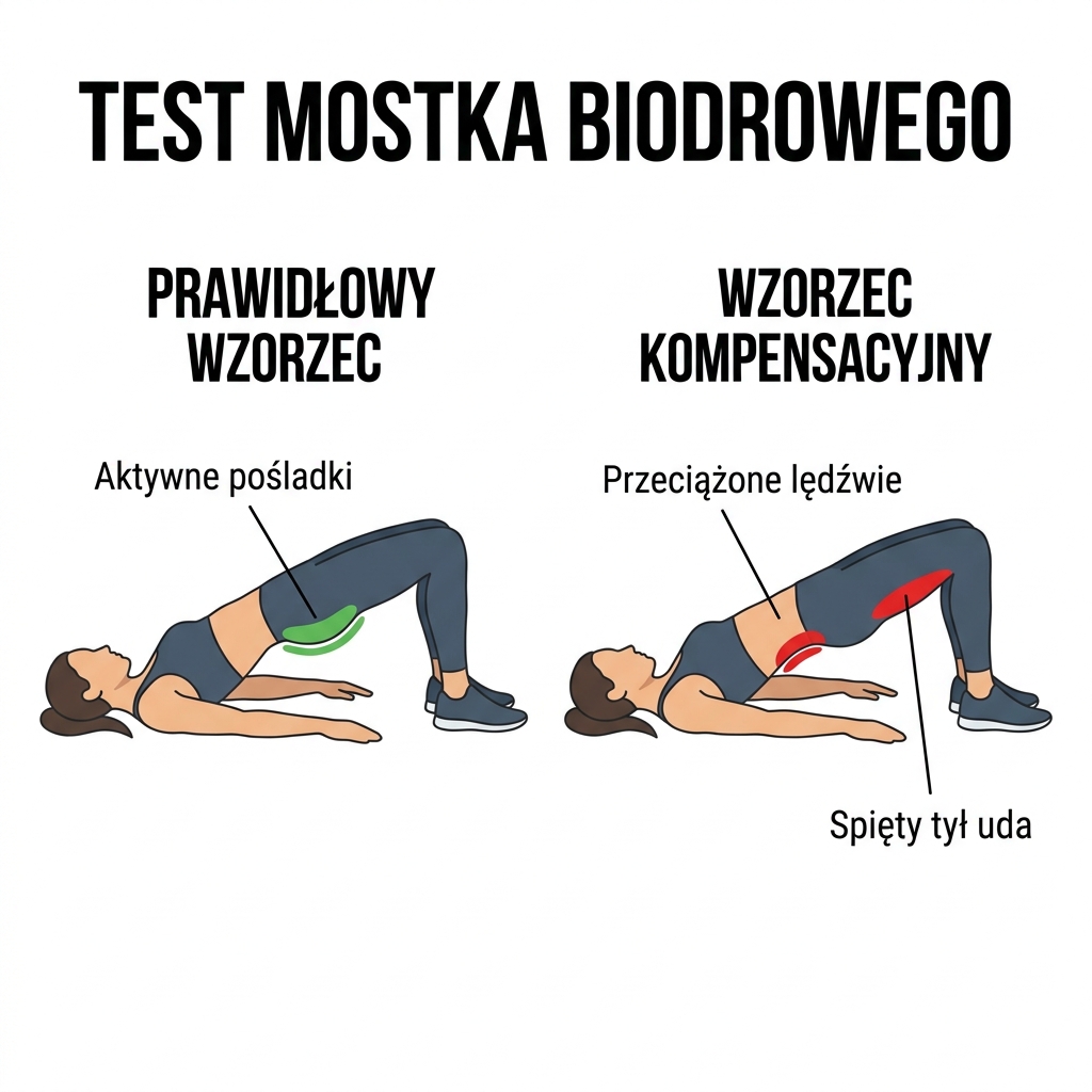 Grafika: Test mostka biodrowego - wzorzec prawidłowy vs kompensacja